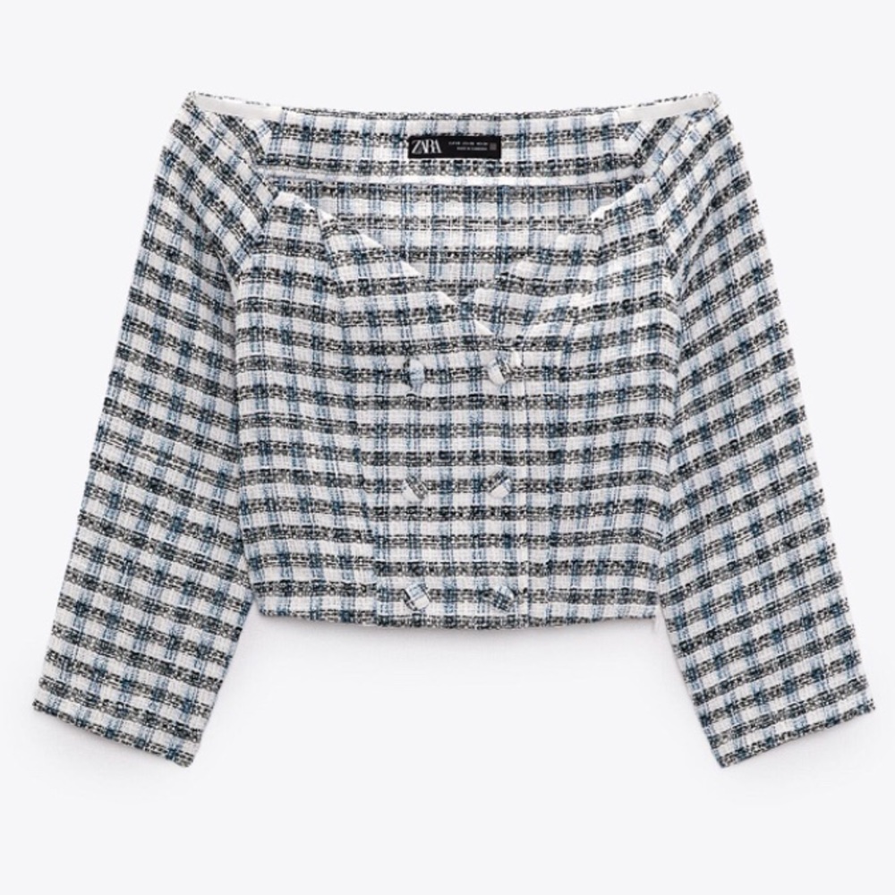 ZARA blue/white textured off the shoulder crop top size small
